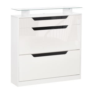 Suport pantofi modern 16 perechi, 2 sertare, raft sticla, PAL, 89x23x96cm, Alb lucios - Verificat A · Re-Bloom