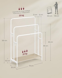 Suport pentru prosoape Vasagle, metal/PAL, alb/natur, 70 x 30 x 100 cm, Resigilat, Grad A - Img 2