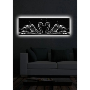 Tablou decorativ Re-Bloom, LED, model lebede, lemn/panza, negru, 30 x 90 cm - Img 3