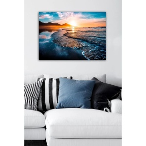 Tablou decorativ Re-Bloom, model apus de soare, lemn/panza, albastru/auriu, 50 x 70 cm - Img 3