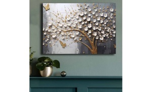 Tablou decorativ Re-Bloom, model copac, lemn masiv/panza, alb/auriu/gri, 70 x 100 cm