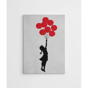 Tablou decorativ Re-Bloom, model fetita cu baloane, panza/lemn, gri/negru/rosu, 70 x 100 cm - Img 3