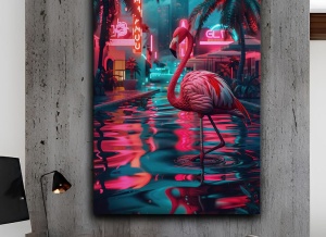 Tablou decorativ Re-Bloom, model flamingo, panza/lemn, multicolor, 70 x 100 cm - Img 3