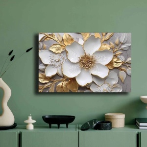Tablou decorativ Re-Bloom, model floare, panza/lemn masiv, gri/alb/auriu, 45 x 70 cm - Img 3