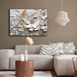 Tablou decorativ Re-Bloom, model floral, panza/lemn, alb/gri/auriu, 70 x 100 cm - Img 3