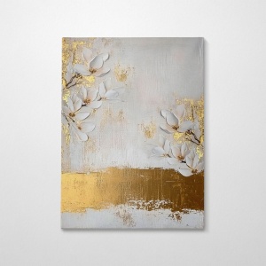 Tablou decorativ Re-Bloom, panza/lemn, alb/auriu, 50 x 70 cm