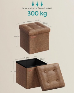 Taburet cu spatiu de depozitare Songmics, MDF/piele PU, maro, 38 x 38 x 38 cm, Resigilat, Grad A - Img 4