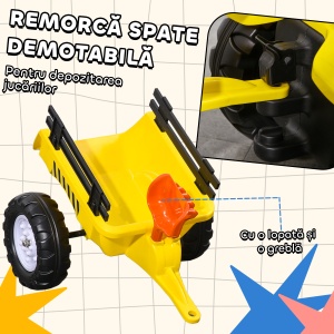 Tractor de pedalat pentru copii cu remorca, metal/plastic, 133x42x51 cm, scaun 18.5x20cm/28cm inaltime, capacitate 35kg, varsta 3+ ani, grebla + lopata + claxon incluse, galben/negru - Verificat A · Re-Bloom - Img 5