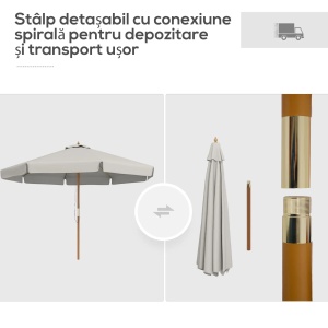 Umbrela de gradina cu acoperis dublu, bambus/poliester 180g/m², Ø325x250 cm, 8 spite, volane 15cm, stalp Ø4.7cm, gri - Verificat A · Re-Bloom - Img 4