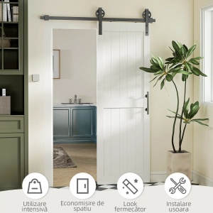 Usa glisanta stil country, sina si maner lemn/otel, MDF, 71.5x213.4cm, Alb/Negru - Verificat A · Re-Bloom - Img 5