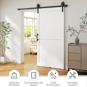Usa glisanta stil rustic, MDF/pin/otel carbon, panou 106.6x3.5x213.4 cm, sina 213.4cm, maner inclus, 2 ghidaje podea, alb/negru - Verificat A · Re-Bloom - Img 6