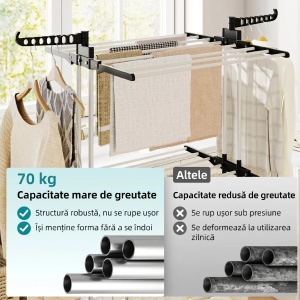 Uscator rufe pliabil 4 nivele, 2 aripi pivotante, 14 carlige, 4 roti, otel/PP, 73x64x177cm, Negru - Verificat A · Re-Bloom - Img 6