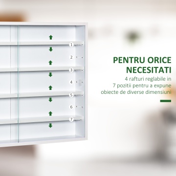 Vitrina suspendata de perete 80x9.5x60 cm, 5 rafturi reglabile, 2 usi glisante sticla, PAL, pentru figurine si parfumuri, alb - Verificat A · Re-Bloom - Img 4