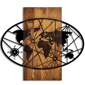 Wallity decor de perete harta, lemn/metal, 62x57 cm, lemn 3cm + metal 1.5mm, maro/negru - Verificat A · Re-Bloom