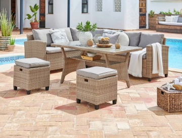 Ambia Garden комплект градински мебели за ъгъл L 179x236 см, маса, 2 табуретки, 7+4 възглавници, стоманена рамка, светлокафяво – Проверено A · Re-Bloom - Img 4