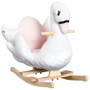 Balansoar pentru copii design Lebada cu muzica, plus/lemn/metal, 60x32x55 cm, inaltime sezut 26cm, capacitate 30kg, varsta 18 luni+, 2 baterii LR44 incluse, roz/alb - Verificat A · Re-Bloom