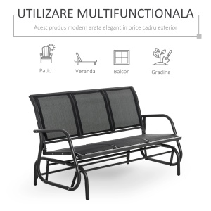 Banca leagan de gradina 3 locuri Re-Bloom, metal/textilene, 147x70x85 cm, sezut 140x46 cm, 300 kg, negru - Verificat A · Re-Bloom - Img 5