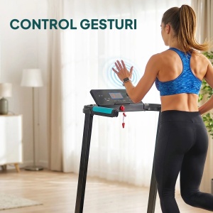 Banda de alergare pliabila cu control gestual, otel/ABS/cauciuc, 64.5x130.5x110.5 cm pliata 129.5x66.5x18 cm, banda alergare 100x35cm, motor 0.75/2.25CP, viteza 1-10km/h, capacitate 100kg, albastru deschis/negru - Verificat A · Re-Bloom - Img 5