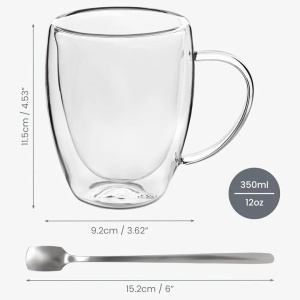 Belle Vous set 6 cani termorezistente sticla borosilicata pereti dubli, 350ml, 9.2x11.5 cm + 6 lingurite metalice 15.2cm, transparent - Verificat A · Re-Bloom - Img 3