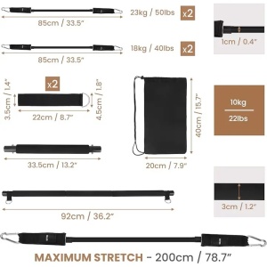 Belle Vous set Pilates bara 92 cm, 4 benzi de rezistenta 18-23 kg, 2 curele picioare, geanta transport 20x40 cm, otel/latex, negru - Verificat A · Re-Bloom - Img 2