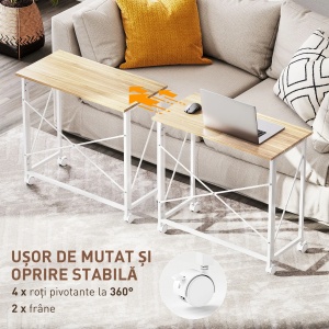 Birou pliabil cu roti si frana, MDF, blat stejar/picioare albe, 80x40x75cm - Verificat A · Re-Bloom - Img 6