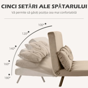 Canapea extensibila 2 locuri Re-Bloom, catifea poliester/otel/burete/lemn, 102x73x81 cm, pat 183x98.5x26 cm, spatar 5 niveluri, 2 perne incluse, 120 kg, maro deschis - Verificat A · Re-Bloom - Img 5