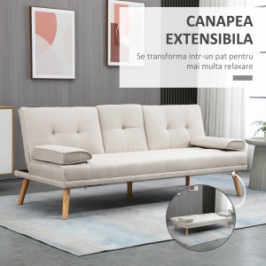 Canapea extensibila 3 locuri Re-Bloom, textil efect in/metal/burete/plop, 181x77x78 cm, pat 181x95.5x38 cm, consola centrala, suport pahare, 3 pozitii spatar, 250 kg, bej/natur - Verificat A · Re-Bloom - Img 2