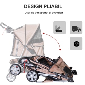 Carucior pliabil caini/pisici max 10 kg, 75x45x97 cm, acoperis retractabil, plasa nylon, cos depozitare, otel/Oxford, maro - Verificat A · Re-Bloom - Img 5