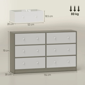 Comoda cu 6 sertare pliabile 114x30x70 cm, MDF, cadru otel, sertare textil netesut 100% poliester, manere duble, alb si gri - Verificat A · Re-Bloom - Img 3