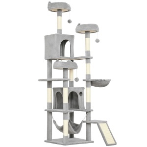 Copac de zgariat pentru pisici Re-Bloom, PAL/plush/bumbac PP/sisal, 48x48x192 cm, 2 hamace+3 platforme+2 casute+3 locuri odihna+scara, gri deschis/alb crem - Verificat A · Re-Bloom