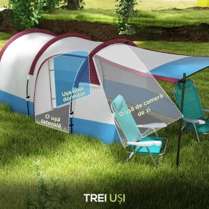 Cort camping 2-3 persoane 420x150x200 cm, 2 camere, impermeabil 2000mm, stalpi fibra de sticla, 3 usi, rosu/albastru/alb - Verificat A · Re-Bloom - Img 4