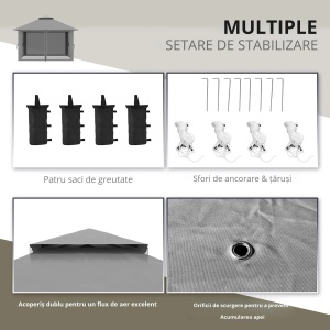 Cort foisor pliabil cu inaltime ajustabila, metal/Oxford/nailon, 392x392x283 cm, streasina 186cm, spatiere coloane 300x300cm, pliat 25x25x125cm, pereti plasa 300x200cm, 4 saci greutate inclusi, gri inchis - Verificat A · Re-Bloom - Img 6