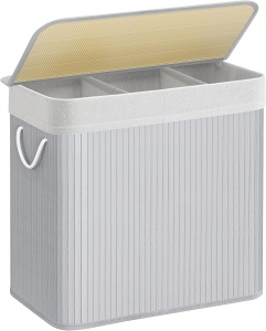 Cos pentru rufe cu 3 compartimente Songmics, bambus/textil, gri, 60 x 40 x 61,5 cm, Resigilat, Grad A