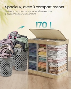 Cos pentru rufe cu 3 compartimente Songmics, bambus/textil/metal, natur, 66 x 43 x 61 cm, Resigilat, Grad A - Img 4