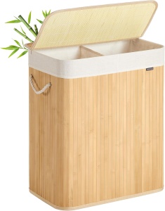 Cos pentru rufe Songmics, 2 compartimente, bambus/textil, natur/alb, 52 x 32 x 51 cm, Resigilat, Grad A
