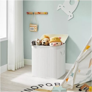Cos pentru rufe Songmics, 3 compartimente, bambus/textil, alb, 60 x 40 x 61,5 cm, Resigilat, Grad A - Img 5