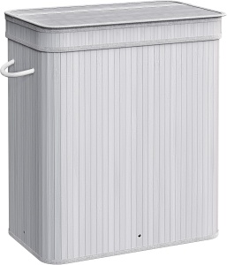 Cos pentru rufe Songmics, bambus/textil/metal, gri, 54,5 x 34,5 x 61 cm, Resigilat, Grad A