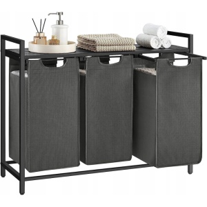 Cos pentru rufe Songmics, cu 3 compartimente, MDF/otel/textil, gri/negru, 92,5 x 33 x 72 cm, Resigilat, Grad A