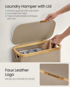 Cos pentru rufe Songmics, panza Oxford/bambus, maro/natur, 42 x 22,5 x 70,5 cm, 65L, Resigilat, Grad A - Img 3