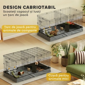 Cusca 2in1 animale mici 121x61x61 cm, tarc + spatiu joaca, 2 sectiuni separate, platforma, rampa, fund impermeabil Oxford, negru/gri - Verificat A · Re-Bloom - Img 5
