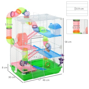 Cusca cu 5 niveluri pentru rozatoare, metal/PP/PS, 46x30x58 cm, roata Ø13x8cm, caseta 15x9x9cm, tuburi Ø5.5cm, bol + rezervor apa 80ml incluse, verde/alb - Verificat A · Re-Bloom - Img 3