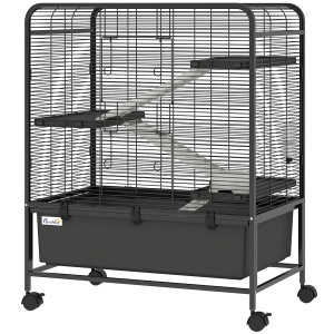 Cusca iepuri otel 4 niveluri cu platforme, rampe, roti, rezervor apa, tava detasabila 18cm, 75x46x94.5cm, Negru - Verificat A · Re-Bloom