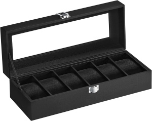 Cutie pentru ceasuri Songmics, MDF/piele PU/sticla, negru, 30 x 11,2 x 8 cm, Resigilat, Grad A