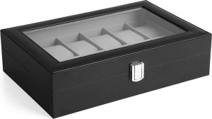 Cutie pentru ceasuri Songmics, MDF/piele PU/sticla, negru/gri, 30 x 20 x 8,5 cm, Resigilat, Grad A - Img 3