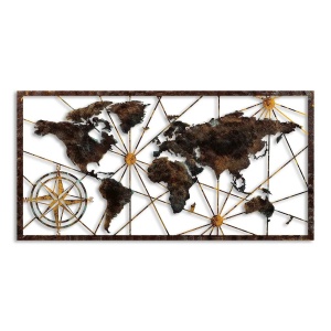 Decor de perete Re-Bloom, model World Map, metal, maro, 120 x 60 cm
