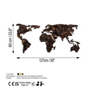 Decor de perete Re-Bloom, model World Map, metal, maro inchis, 127 x 60 x 1 cm - Img 3
