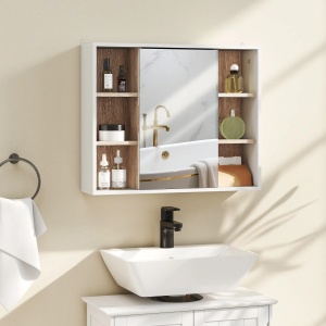 Dulap cu oglinda pentru baie, MDF/PAL/sticla, alb/natur, 60 x 14,5 x 49,4 cm, Resigilat, Grad A - Img 5