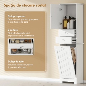Dulap pentru baie cu cos rufe pliabil Re-Bloom, MDF, 45x30x171.3 cm, dulapior+2 sertare+cos rufe, 20 kg, alb - Verificat A · Re-Bloom - Img 6