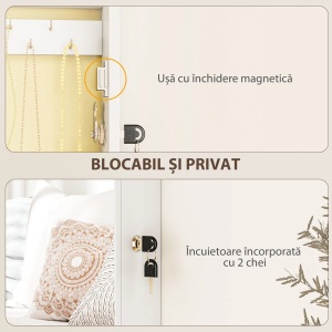 Dulapior oglinda pentru bijuterii montabil pe perete, MDF, 36.5x9.5x67 cm, oglinda 27.8x58.3 cm, 2 chei, capacitate 5kg, alb - Verificat A · Re-Bloom - Img 4