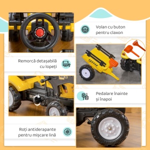 Excavator cu pedale pentru copii, metal/plastic, 167x41x52 cm, cupa frontala rotativa, remorca detasabila, 6 roti, capacitate 35kg, varsta 3+ ani, galben - Verificat A · Re-Bloom - Img 5